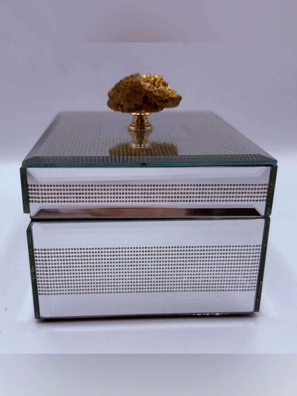 Pier 1 Mirrored Jewelry Box Velvet Lined with Gold Nugget Shaped Finial